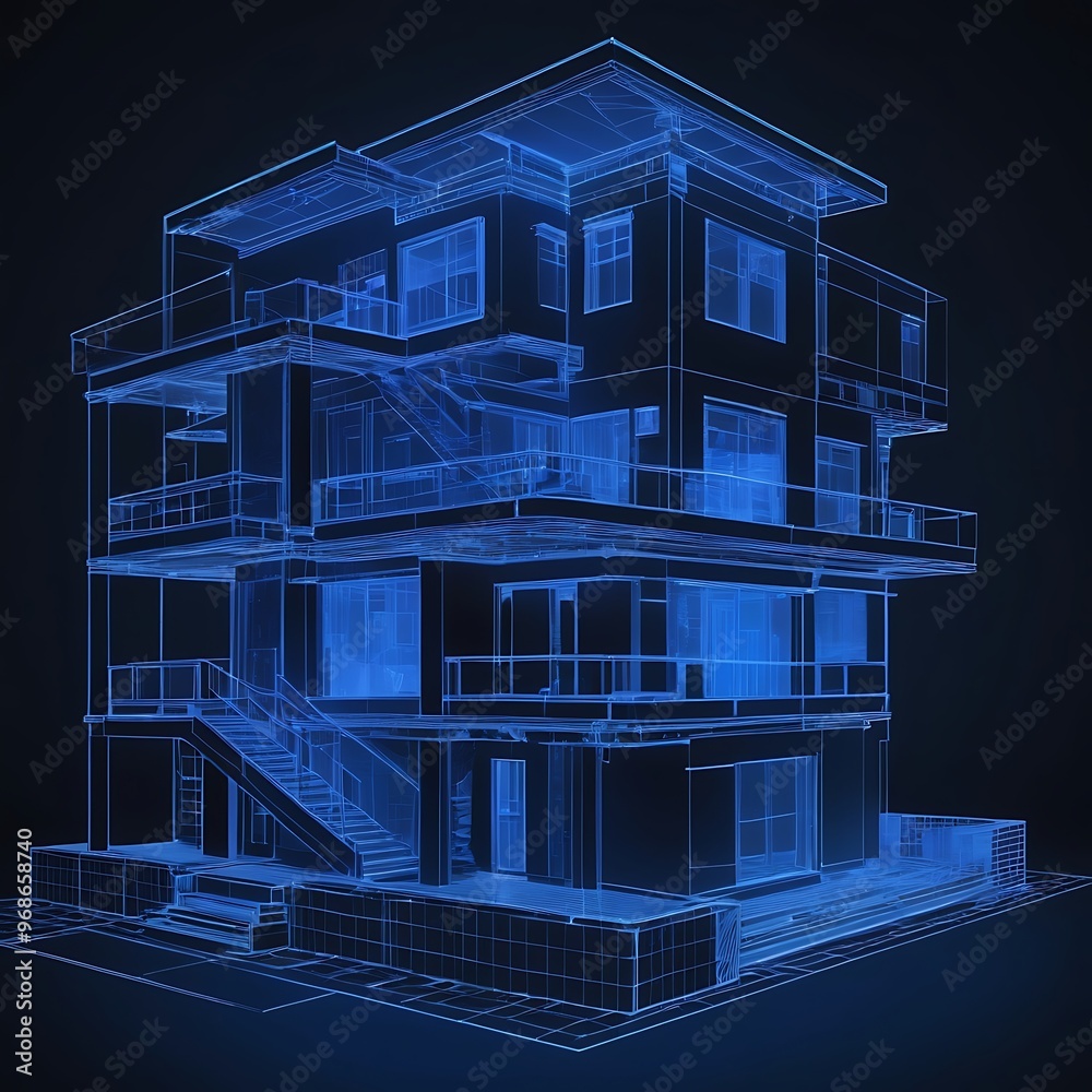 Future Smart building A 3D Render of a Smart house Hologram on a Blue Background Future Smart building A 3D Render of a Smart house Hologram on a Blue Background