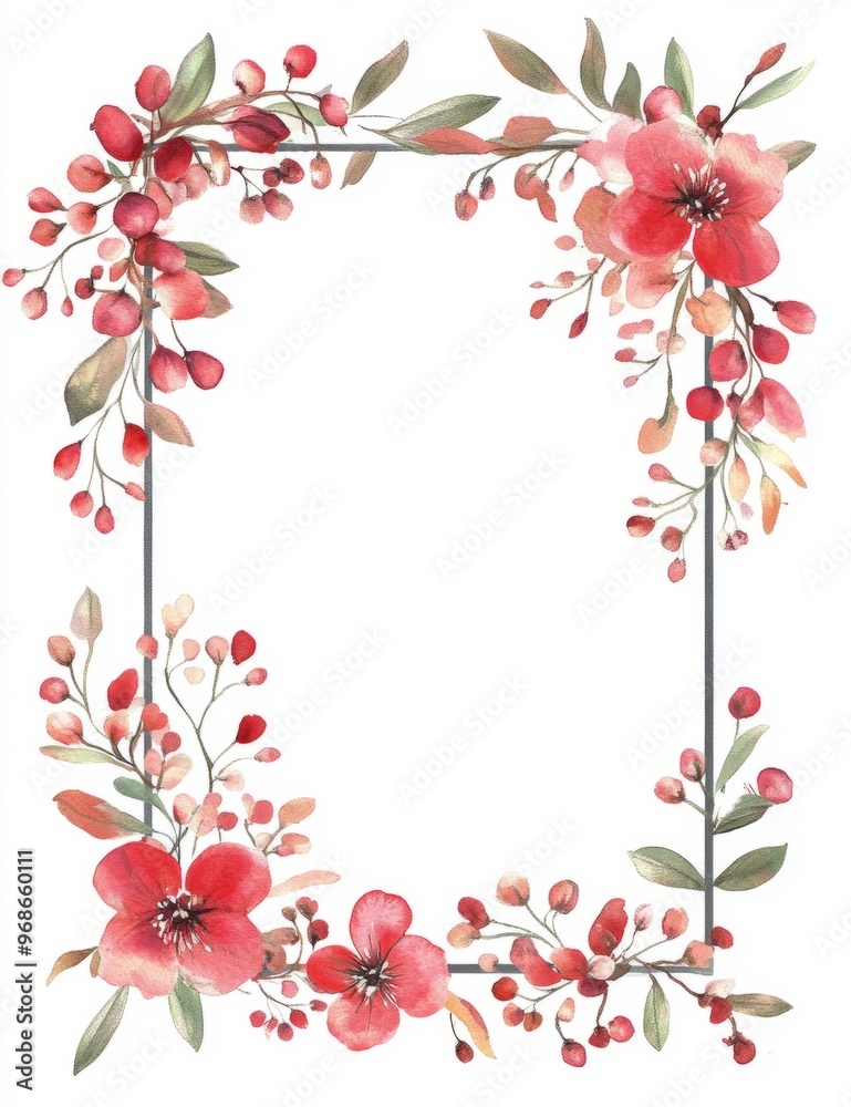 Fototapeta premium Watercolor floral frame with white copy space in the center for text