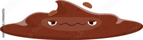 Cartoon poop emoji. Funny poo excrement character. Isolated vector sad toilet shit emoticon. Flattened brown diarrhea personage with a distressed face expression, depicts the liquid messy aftermath