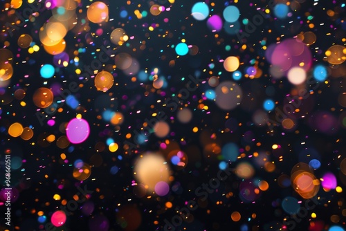 Bokeh design element, black background with multi-colored paper sprinkles like a celebration