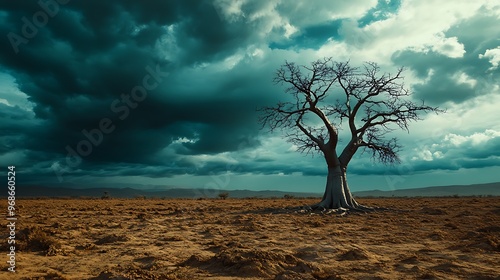 Generative AI Image of Desolate Barren Meadow with Tree at Gloomy Cloudy Dark Sky Wallpaper