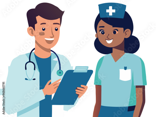 Cartoon illustration of doctor and nurse discussing a patient care plan in a hospital By Mustafa