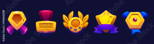 Golden game rank icons set isolated on background. Vector cartoon illustration of round and hexagonal medals, shiny shield, award badges decorated with laurel, ribbons and gemstones, winner trophy