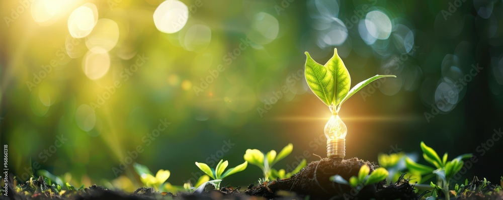 Obraz premium A new plant sprouts from the ground, symbolizing growth and renewal, bathed in warm, golden sunlight filtering through leaves.