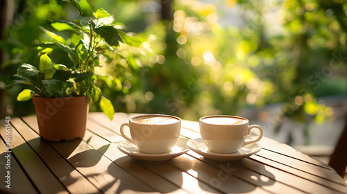 "Cozy Outdoor Café with Cappuccinos and Greenery"