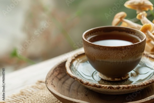 A tea made from medicinal mushrooms in a ceramic cup. 