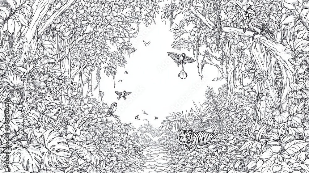 Delve into a detailed jungle coloring page showcasing diverse flora and fauna, including birds and a tiger among vibrant leaves Delve into a detailed jungle coloring page showcasing diverse flora and fauna, including birds and a tiger among vibrant leaves