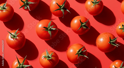 Red tomatoes on a red background top view, created with Generative AI technology photo