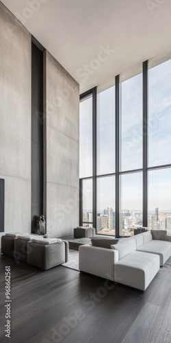 Modern minimalist living room in a penthouse apartment with large windows, elegant lighting and stylish furniture. Luxury Real Estate interior design composition with copyspace