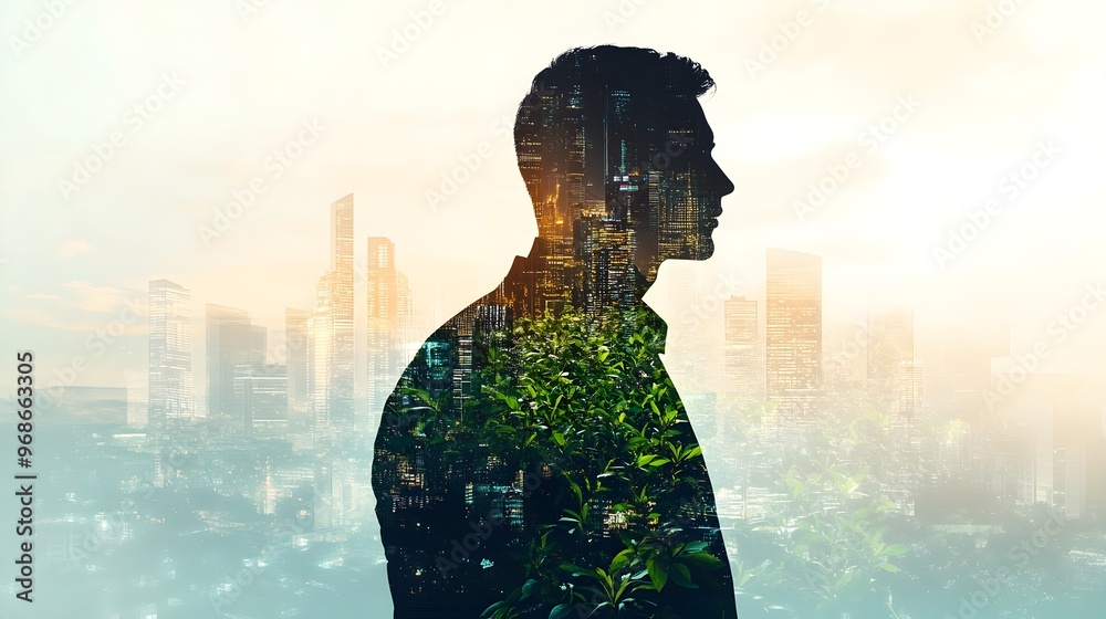 Silhouette of Man Cityscape Nature Overlap Silhouette of Man Cityscape Nature Overlap