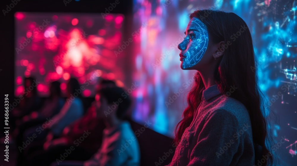 AI-controlled holographic projectors for interactive educational seminars: Students attending a seminar where holographic content is projected based on their questions. AI-controlled holographic projectors for interactive educational seminars: Students attending a seminar where holographic content is projected based on their questions.