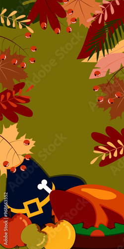 Vector. Happy Thanksgiving day background with copy space for text and illustrations in cartoon flat style. Autumn print for greeting card, poster, banner, poster, cover, blogging, promotional items.