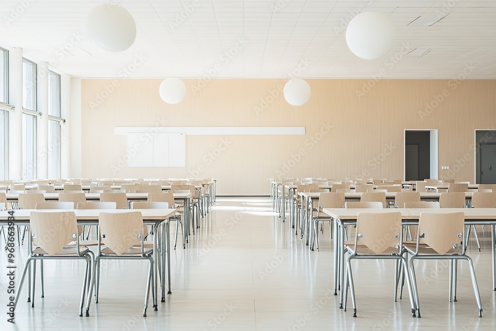 Modern classroom interior with desks and whiteboard