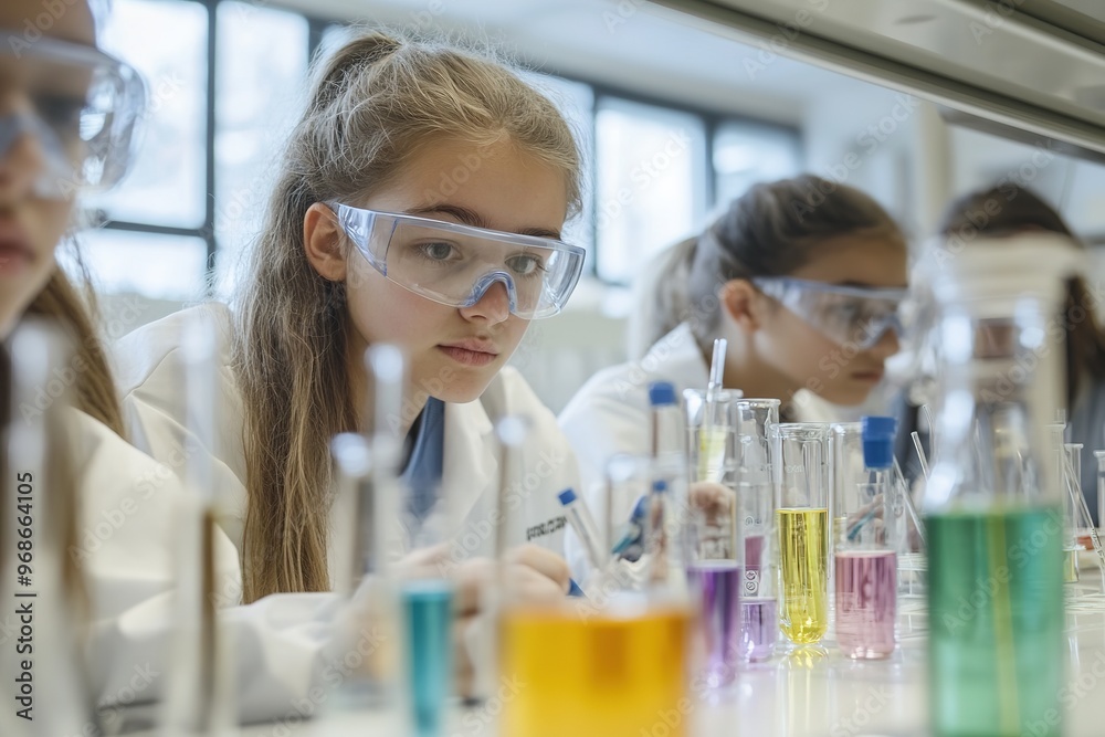 Focused students conducting science experiment in lab Focused students conducting science experiment in lab