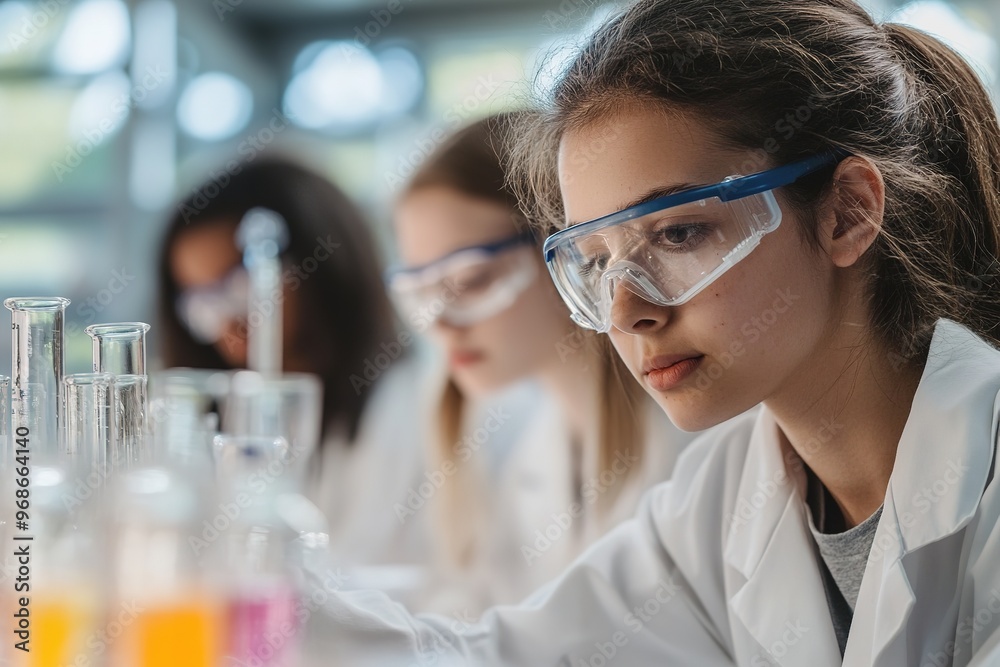 Focused girl in lab coat with safety goggles conducting experime Focused girl in lab coat with safety goggles conducting experime