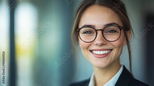 Close-up of a businesswoman with a friendly smile, wearing glasses and a suit, demonstrating clarity and professionalism in a corporate environment.