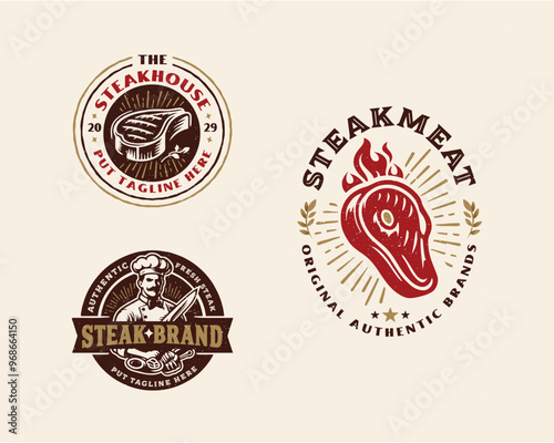 set vintage grill meat steak shop logo template for business company