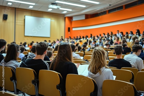 Students in lecture hall with orange walls and white projection