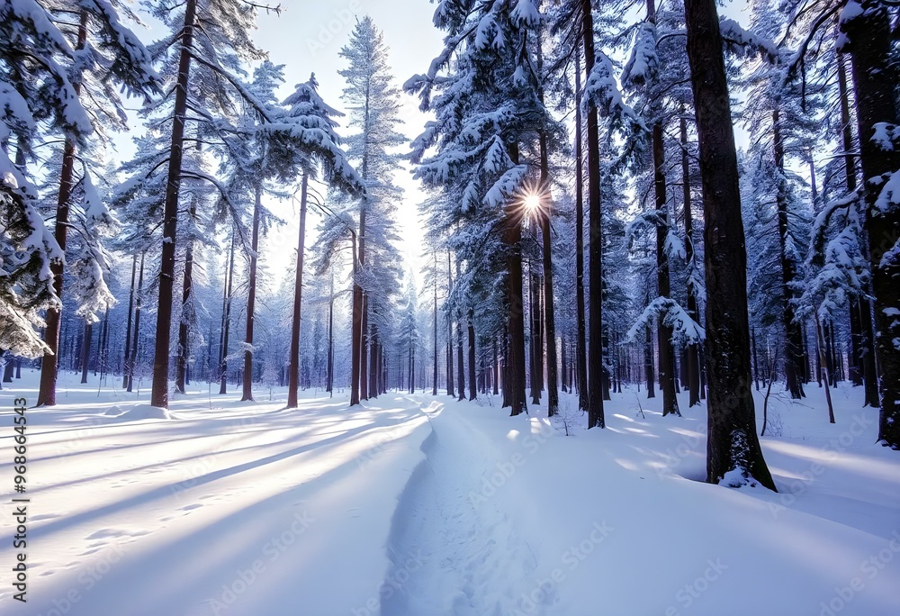 A snow-covered forest at dawn, with tall pine trees dusted in white and a narrow path cutting through. Soft light filters through the branches, casting long shadows on the fresh snow A snow-covered forest at dawn, with tall pine trees dusted in white and a narrow path cutting through. Soft light filters through the branches, casting long shadows on the fresh snow
