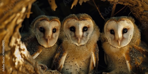 Three juvenile barn owls Owlets approximately three weeks old photo