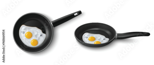 3d pan with frying egg. Cooking breakfast vector. Realistic skillet with hot omelette top view design. Delicious homemade omelet prepare process with detailed texture for cafe menu illustration