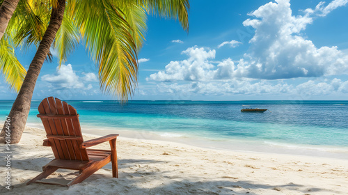 Tropical Beach Scene with Chair and Palm Tree