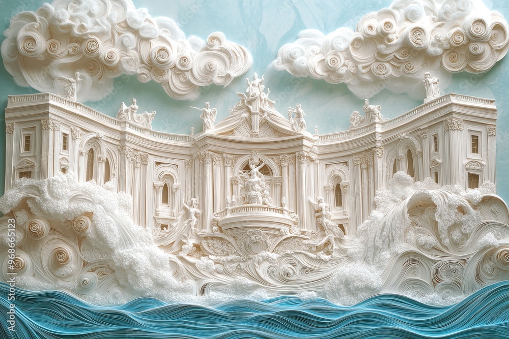 Intricate Paper Cut Quilling of Trevi Fountain in Rome with Swirling Water Details and Roman Architecture Intricate Paper Cut Quilling of Trevi Fountain in Rome with Swirling Water Details and Roman Architecture