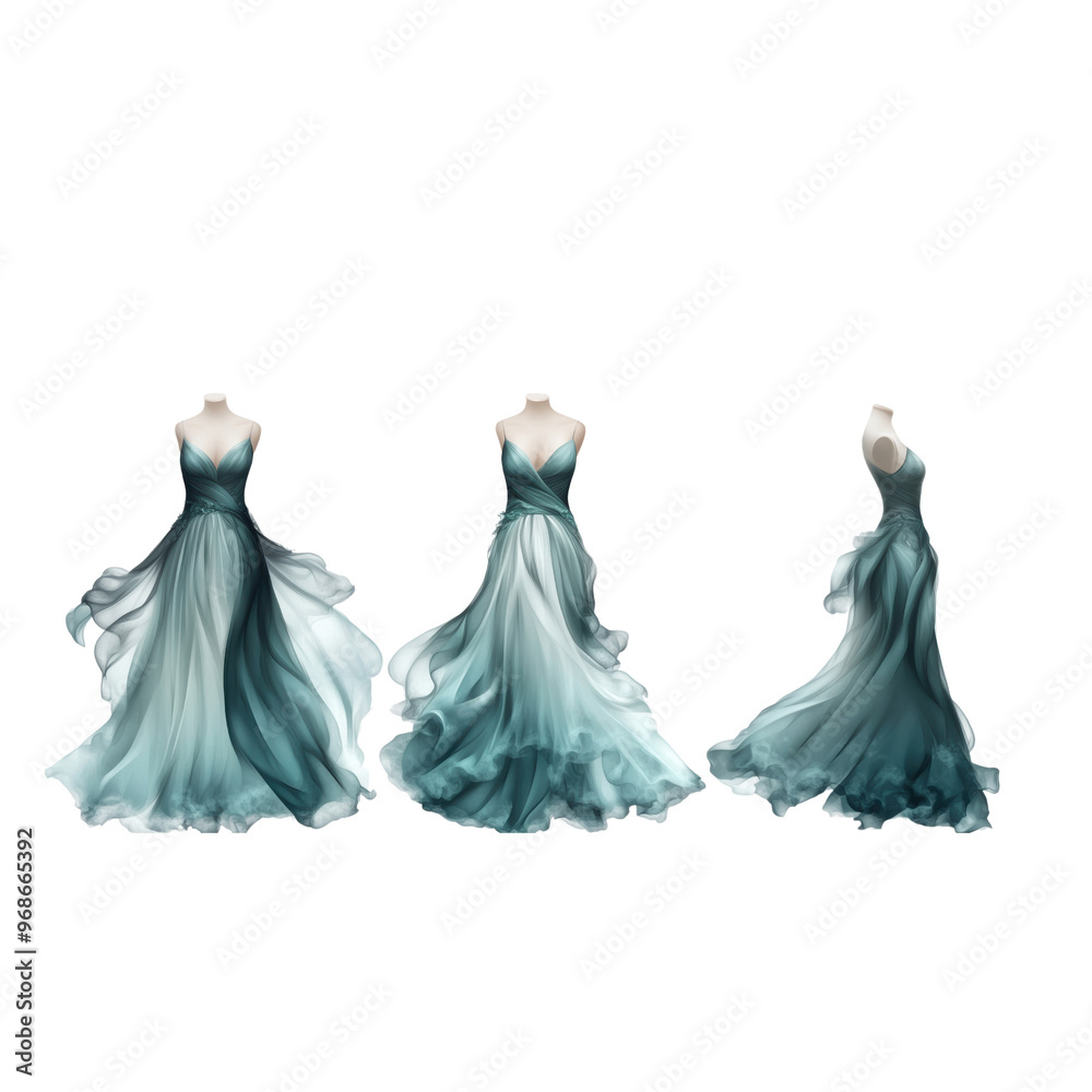 Flowing elegant blue gowns displayed in various angles showcasing movement and grace Flowing elegant blue gowns displayed in various angles showcasing movement and grace