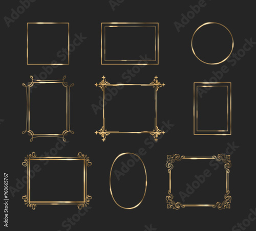 Gold thin frame. Luxury rectangle shape line border vector. Elegant square art deco boarder element for premium vintage design. Birthday or wedding chic and minimal ornament cadre with metal gradient