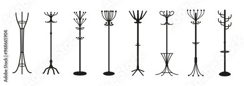 Coat hanger and hats racks with hooks for dress garments, vector silhouette icons. Rack hangers of different shapes for hats and coats with hooks and umbrella compartment for home wardrobe storage