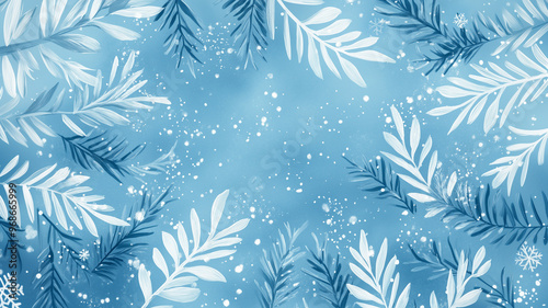 A serene illustration of white and blue leaves with scattered snowflakes, set against a soft blue background