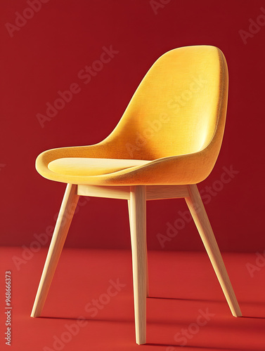 Yellow Dining Chair on Wooden Legs with Red Background photo