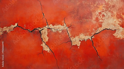 Red Wall with Cracks and Peeling Paint photo