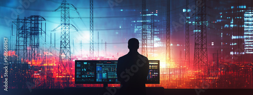 Silhouette of a man overseeing a cityscape filled with power lines and illuminated skyscrapers, showcasing the intersection of technology and urban infrastructure at dusk.