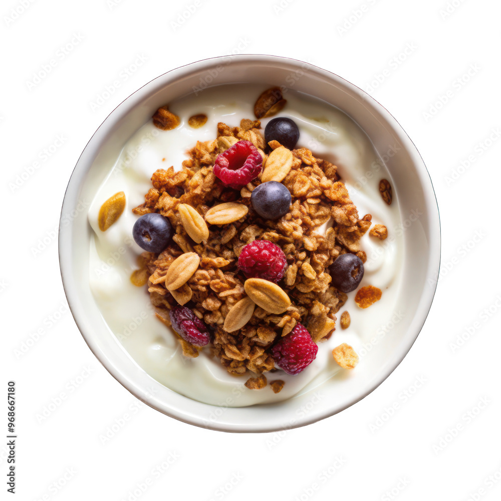 Yogurt topped with granola on white bowl top view on transparent background Yogurt topped with granola on white bowl top view on transparent background