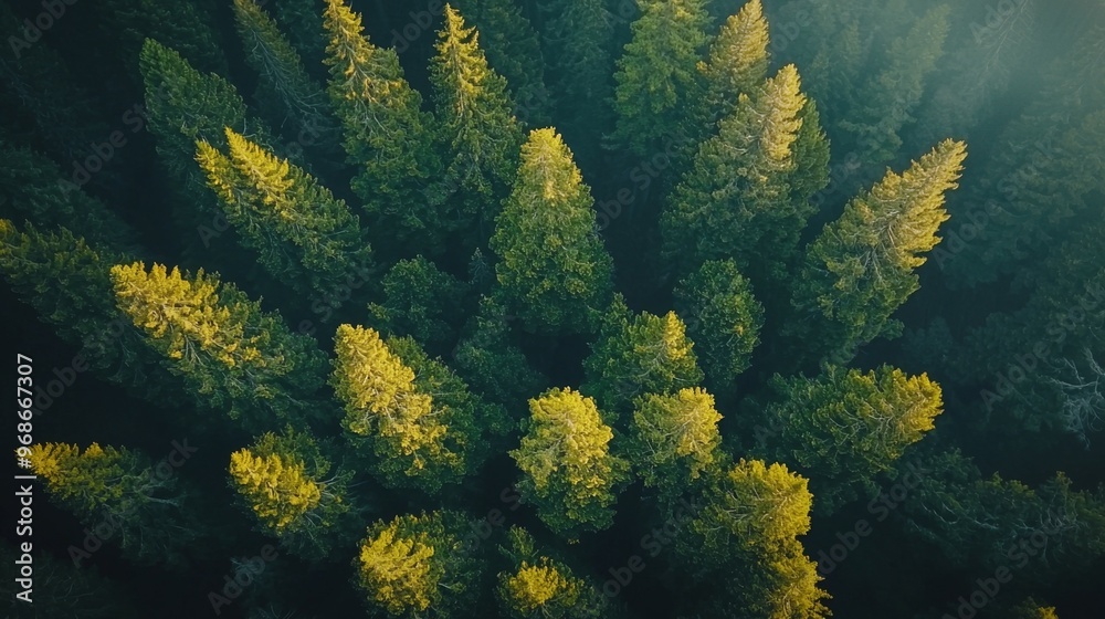 Aerial View of Lush Evergreen Forest Canopy with Sunlight Filtering Through Aerial View of Lush Evergreen Forest Canopy with Sunlight Filtering Through