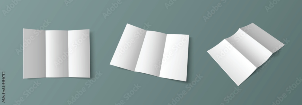 Tri fold white empty leaflet mockup in different angles of view. Open trifold blank paper brochure template. Pamphlet with three parts for menu or business presentation. Realistic 3d vector set. Tri fold white empty leaflet mockup in different angles of view. Open trifold blank paper brochure template. Pamphlet with three parts for menu or business presentation. Realistic 3d vector set.