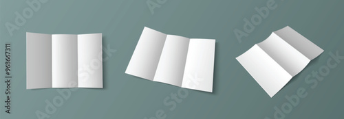 Tri fold white empty leaflet mockup in different angles of view. Open trifold blank paper brochure template. Pamphlet with three parts for menu or business presentation. Realistic 3d vector set.