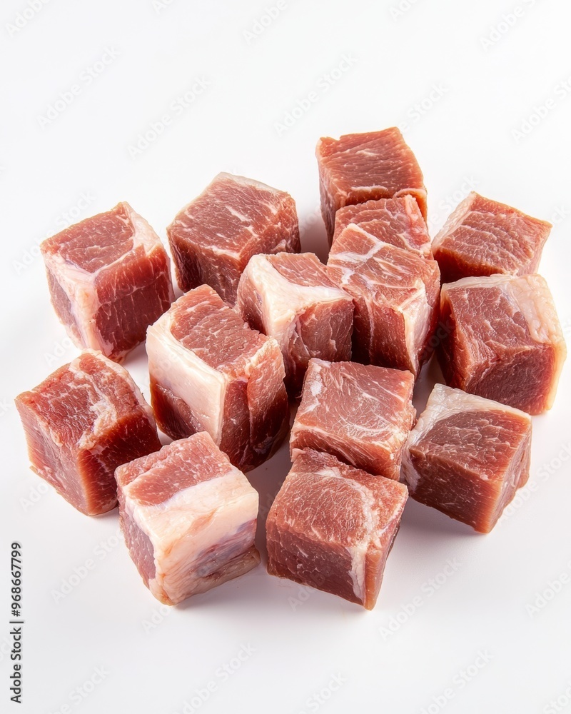 Uncooked pork belly cubes placed on white background