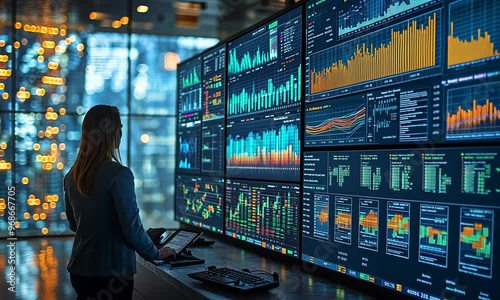 Businesswoman analyzing data on a large screen
