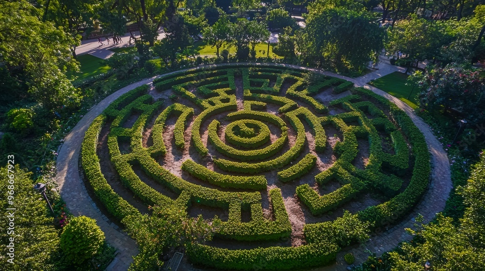 Aerial View of Circular Green Maze in Garden Aerial View of Circular Green Maze in Garden