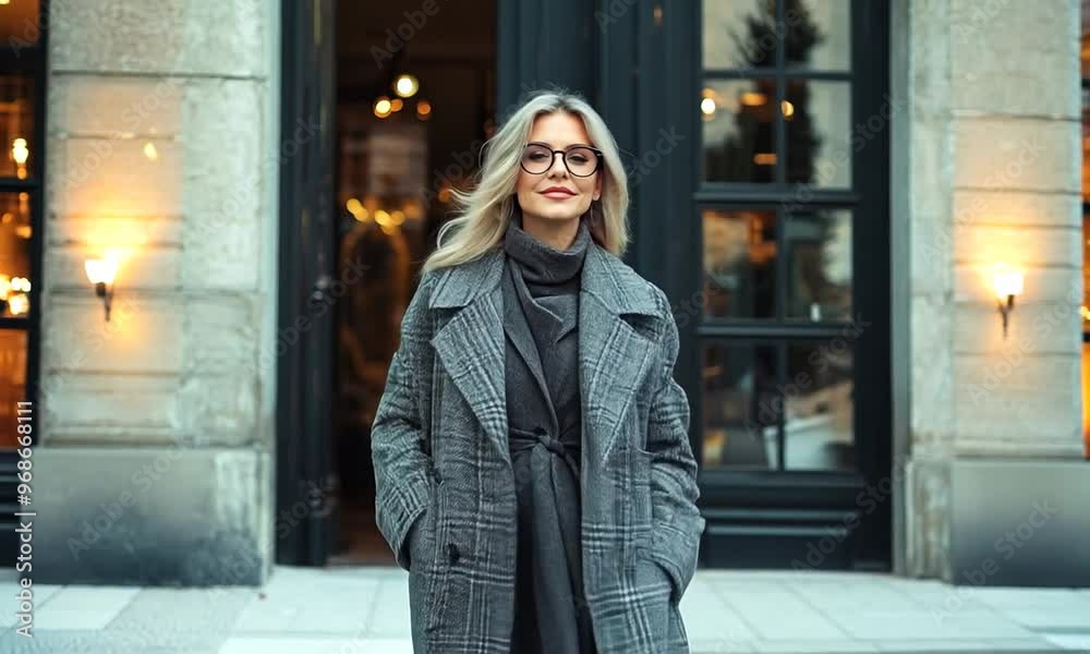 Stylish Woman in a Grey Coat Posing Outside a Store Stylish Woman in a Grey Coat Posing Outside a Store