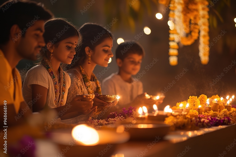 Family lighting oil lamps during Diwali celebration, festive moo Family lighting oil lamps during Diwali celebration, festive moo