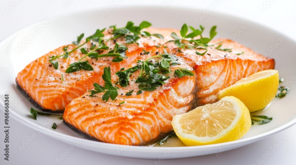 Close-up of a garnished salmon dish with herbs and lemon slices on a white plate, against a plain white background, focusing on the presentation.