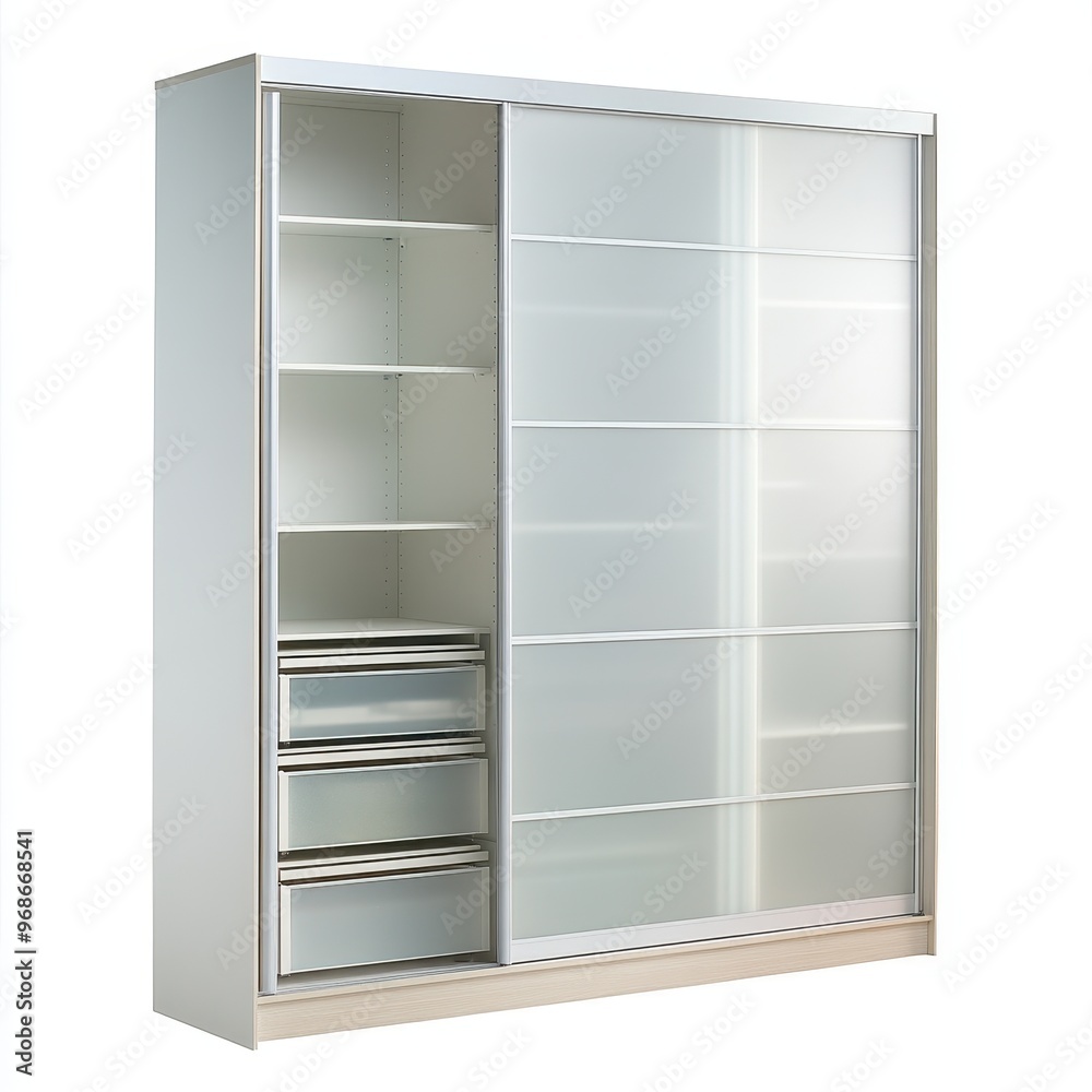 A modern sliding wardrobe with shelves and drawers for organized storage. A modern sliding wardrobe with shelves and drawers for organized storage.