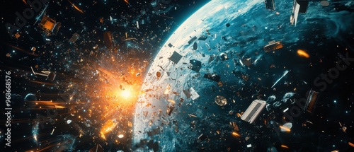 Fototapeta Naklejka Na Ścianę i Meble -  A futuristic depiction of space junk from various satellites scattered around a glowing Earth with intricate space textures