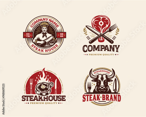 set vintage grill meat steak shop logo template for business company