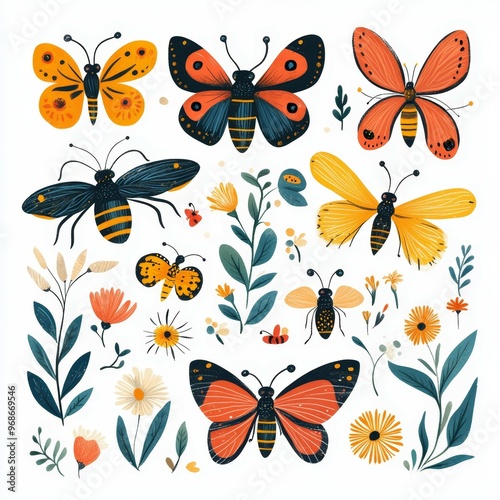 Cute Hand Drawn Butterfly and Flower Clipart Illustration