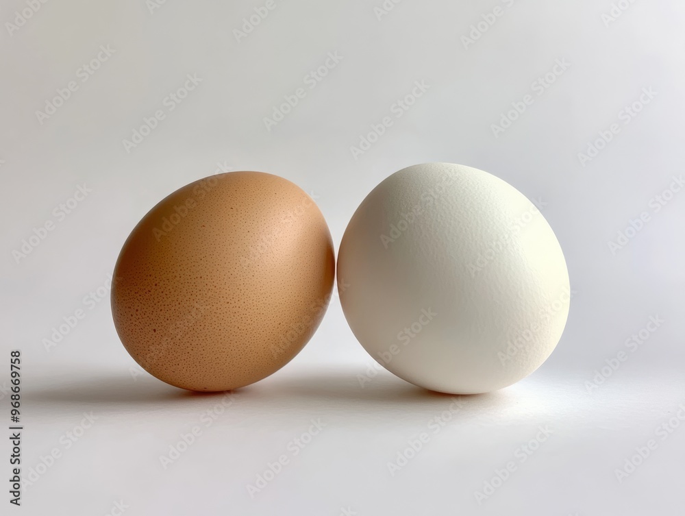 Two chicken eggs side by side on white surface, Two chicken eggs side by side on white surface,