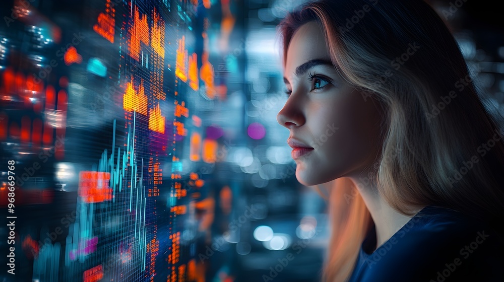 Woman Observing Data on Futuristic Screen Woman Observing Data on Futuristic Screen